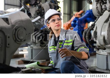 Maintenance engineer worker working with robotic machine automation Maintenance engineer worker working with robotic machine automation 105182832