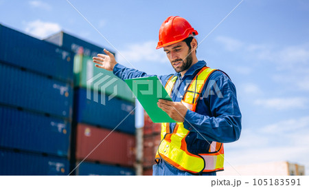 Warehouse engineer worker working at industrial container yard Warehouse engineer worker working at industrial container yard 105183591