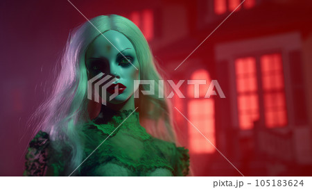 creepy doll at night against the backdrop of a scary house 105183624