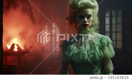 Blonde woman at night against the backdrop of a scary house 105183628