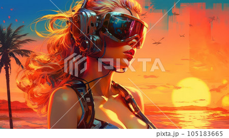 cyborg woman relaxing by the pool cyborg woman relaxing by the pool 105183665
