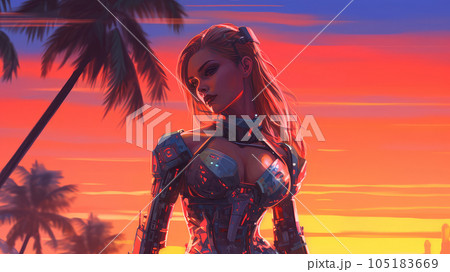 cyborg woman relaxing by the pool 105183669