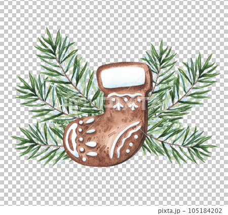 Watercolor gingerbread cookie sock with fir branches isolated on white background. Watercolour Christmas food illustration. For decor, textile, packaging, dishes. 105184202