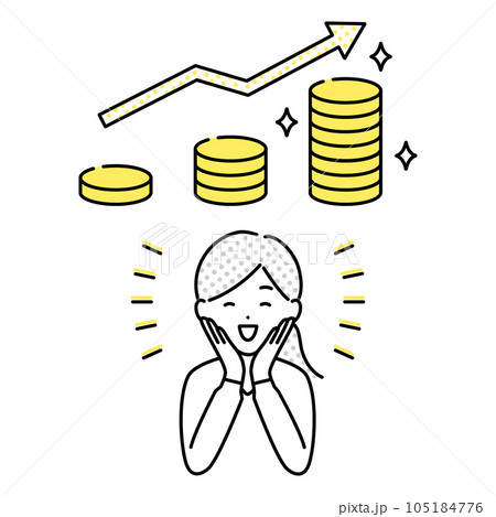 投資や貯金でお金が増えるイメージと喜ぶ女性のベクターイラスト 投資や貯金でお金が増えるイメージと喜ぶ女性のベクターイラスト 105184776