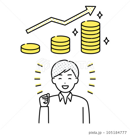 投資や貯金でお金が増えるイメージと喜ぶ男性のベクターイラスト 105184777