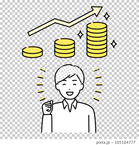 投資や貯金でお金が増えるイメージと喜ぶ男性のベクターイラスト 105184777