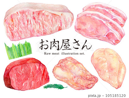 水彩イラストセット　生肉　肉屋 105185120
