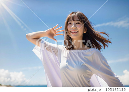 青空をバックに微笑む白い服の若い日本人女性 AI generated 青空をバックに微笑む白い服の若い日本人女性 AI generated 105185136
