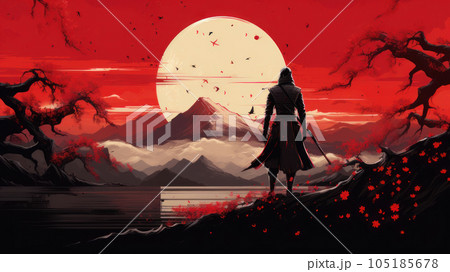 samurai on the background of mount fuji. 105185678