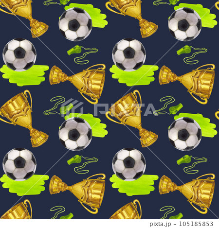 Seamless pattern golden winner cup trophy, soccer ball, whistle, victory, prize. Hand draw watercolor illustration isolated on dark background. Textile, print, wrapping paper Seamless pattern golden winner cup trophy, soccer ball, whistle, victory, prize. Hand draw watercolor illustration isolated on dark background. Textile, print, wrapping paper 105185853