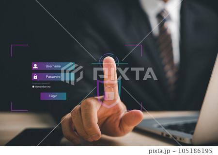 Futuristic biometric fingerprint scanning technology concept. Pointing finger on a digital screen with advanced access control and data privacy. Embrace the future of information security and control. 105186195