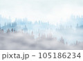 Realistic illustration of forest with treetops in misty haze. Blue sky with clouds. 105186234