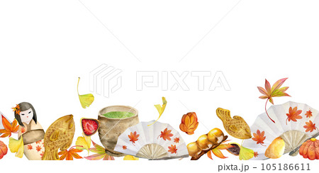 Watercolor hand drawn traditional Japanese sweets Wide seamless border with autumn wagashi, leaves. Isolated on white background Design for invitations, restaurant menu, greeting cards, print, textile Watercolor hand drawn traditional Japanese sweets Wide seamless border with autumn wagashi, leaves. Isolated on white background Design for invitations, restaurant menu, greeting cards, print, textile 105186611