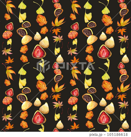 Watercolor seamless pattern with hand drawn traditional Japanese sweets. Wagashi, mochi, autumn maple leaves. Isolated on color background. Invitations, restaurant menu, greeting cards, print, textile 105186618
