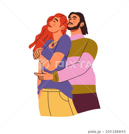 Romantic couple. Man and woman hugging. Happy female and male. Romance relationships. Girlfriend and boyfriend together. Beloved characters in modern style drawing. Vector exact cartoon illustration 105186643