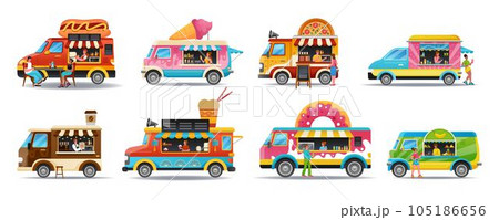 Food truck. Street van. Fairground cars for selling donuts and fruit smoothies. Retro coffee restaurant. Summer fastfood cafe. Pizza or ice cream automobile shop. Vector takeaway snack auto stores set Food truck. Street van. Fairground cars for selling donuts and fruit smoothies. Retro coffee restaurant. Summer fastfood cafe. Pizza or ice cream automobile shop. Vector takeaway snack auto stores set 105186656