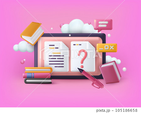 Online education. 3D books. Business exam or quiz. Test in class or internet examination. Digital tablet screen. Web study. Computer training course. Textbooks stack. Vector exact illustration icons 105186658