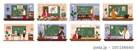 School teachers. Professor at classroom blackboard. Lecture or studying presentation. Training in class. People teaching physics and mathematics. Educational lessons set. Vector tidy flat illustration 105186660