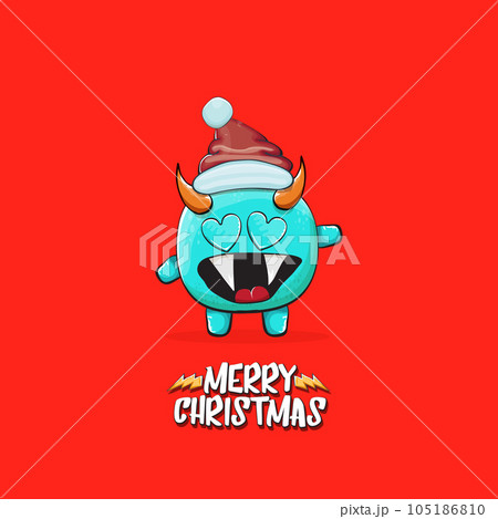 Vector cartoon funky blue monster with Santa Claus red hat isolated on red christmas background. Childrens Merry Christmas greeting card with funny monster minion elf Santa Claus. Vector cartoon funky blue monster with Santa Claus red hat isolated on red christmas background. Childrens Merry Christmas greeting card with funny monster minion elf Santa Claus. 105186810