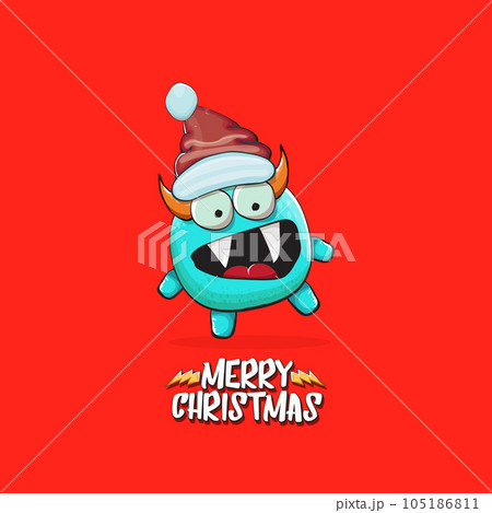 Vector cartoon funky blue monster with Santa Claus red hat isolated on red christmas background. Childrens Merry Christmas greeting card with funny monster minion elf Santa Claus. Vector cartoon funky blue monster with Santa Claus red hat isolated on red christmas background. Childrens Merry Christmas greeting card with funny monster minion elf Santa Claus. 105186811