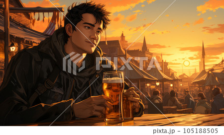 anime boy resting at oktoberfest festival. 105188505
