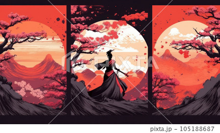 samurai on the background of mount fuji. samurai on the background of mount fuji. 105188687