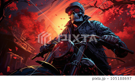 skeleton biker rides a motorcycle into the sunset. skeleton biker rides a motorcycle into the sunset. 105188697