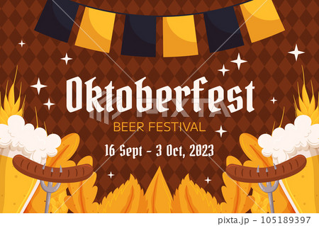 Oktoberfest German beer festival background. Design with glass of beer, forks with grilled sausage, wheat and leaves, black and yellow garland. Rhombus pattern on back 105189397