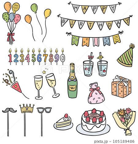 誕生日　かわいいイラスト素材　セット　カラー 105189486