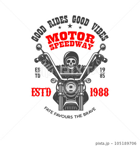 Motor speedway. Emblem template with skeleton on vintage motorcycle. Design element for logo, label, sign, emblem, poster. Vector illustration Motor speedway. Emblem template with skeleton on vintage motorcycle. Design element for logo, label, sign, emblem, poster. Vector illustration 105189706