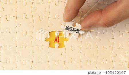 AI regulation symbol. Concept words AI artificial intelligence regulation on beautiful white puzzles. Beautiful yellow background. Business AI artificial intelligence regulation concept. Copy space AI regulation symbol. Concept words AI artificial intelligence regulation on beautiful white puzzles. Beautiful yellow background. Business AI artificial intelligence regulation concept. Copy space 105190167
