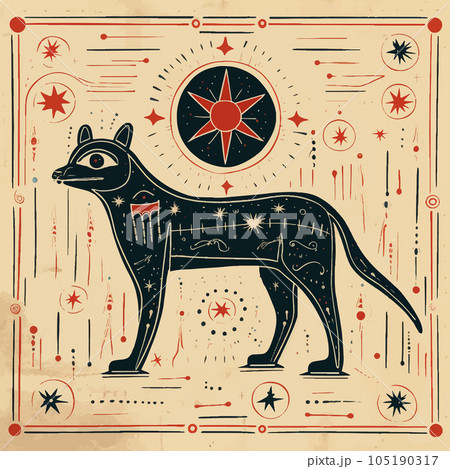 Leo astrological star sign vector illustration. Lion drawn in primitive art style 105190317