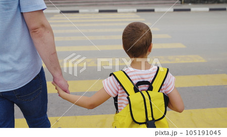 asphalt zebra crossing, school road, student happy family road, green light, father hand boy, concept school age, father leads little boy son across road, child jumping joyfully, dad daughter walk asphalt zebra crossing, school road, student happy family road, green light, father hand boy, concept school age, father leads little boy son across road, child jumping joyfully, dad daughter walk 105191045