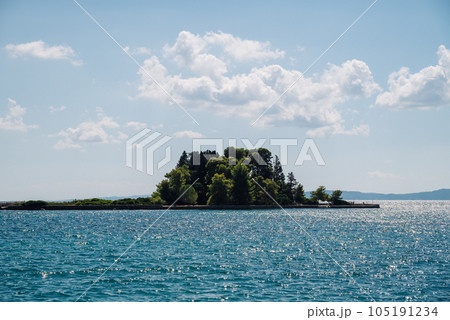 Small island with green trees surrounded by water. 105191234