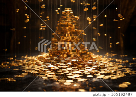 Fountain of gold coins raining on black background. Generative AI Fountain of gold coins raining on black background. Generative AI 105192497