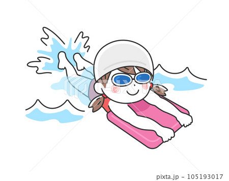 スイミングスクールで、ビート板を使って練習する、ゴーグルを付けた女の子のイラスト 105193017