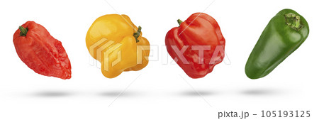 A set of peppers of different varieties, colors and sizes isolated on a white background. Red and yellow habanero pepper pods, and a green jalapeno pepper pod. Spicy ingredients of oriental cuisine. 105193125