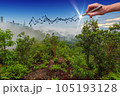 Hand drawing a growing graph on a mountain with cityscape in the background. 105193128