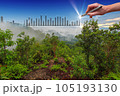 Hand holding a pen against misty landscape with city in the background. 105193130