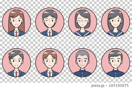 初中生和高中生的男女穿著制服，積極的表情，圓形圖標集，粉紅色 105195075