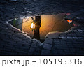 Vilnius old town, puddle reflection illuminated at night, Lithuania, Baltics 105195316