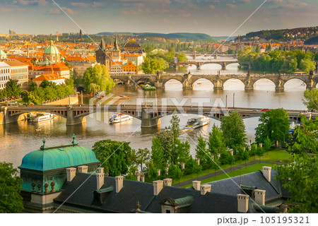 Aerial View of the the Charles Bridge and Vltava River in Prague, Czech Republic Aerial View of the the Charles Bridge and Vltava River in Prague, Czech Republic 105195321