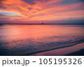 Palm Beach on Aruba island in the Caribbean Sea at dramatic sunset, Dutch Antilles 105195326