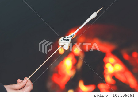 Marshmellows with Halloween pictures over fire. Funny leisure on traditional spooky holiday for children and families. Marshmellows with Halloween pictures over fire. Funny leisure on traditional spooky holiday for children and families. 105196061