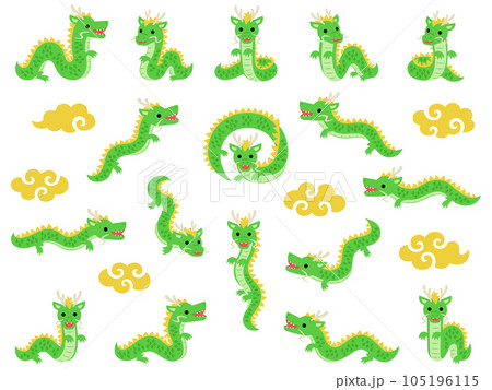 色々なポーズの緑色の龍と金の雲のセット 105196115