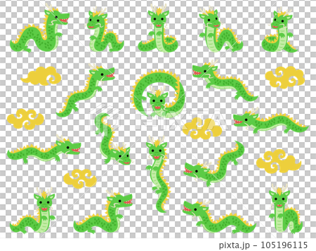 色々なポーズの緑色の龍と金の雲のセット 105196115