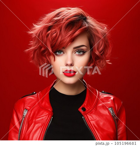 Beautiful fashion model with creative short hairstyle, studio shot. Portrait of beautiful young woman in red clothes with red hair on red background. Portrait of a fashion model with bright makeup. Beautiful fashion model with creative short hairstyle, studio shot. Portrait of beautiful young woman in red clothes with red hair on red background. Portrait of a fashion model with bright makeup. 105196681