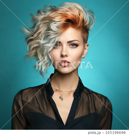 Fashion portrait of beautiful young woman with short hairstyle and professional make up. Beautiful fashion model with stylish hairstyle, studio shot. Fashion model in blue clothes with bright makeup Fashion portrait of beautiful young woman with short hairstyle and professional make up. Beautiful fashion model with stylish hairstyle, studio shot. Fashion model in blue clothes with bright makeup 105196696