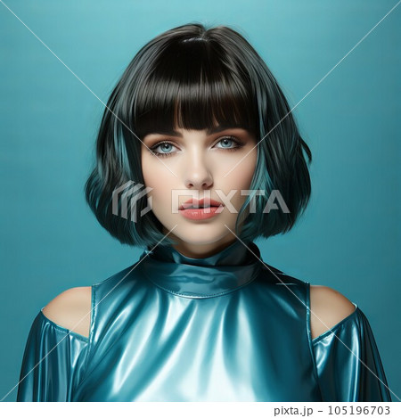 Fashion portrait of beautiful young woman with short hairstyle and professional make up. Beautiful fashion model with stylish hairstyle, studio shot. Fashion model in blue clothes with bright makeup 105196703