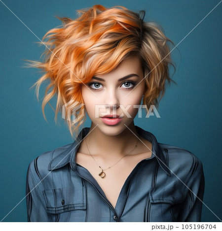 Fashion portrait of beautiful young woman with short hairstyle and professional make up. Beautiful fashion model with stylish hairstyle, studio shot. Fashion model in blue clothes with bright makeup 105196704